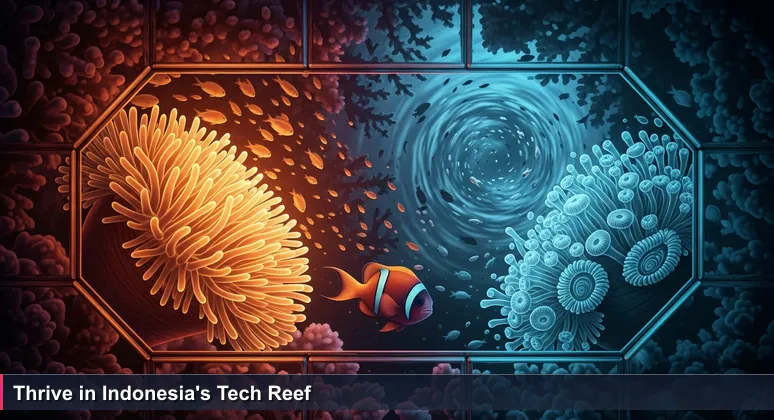A vibrant coral reef scene with a small fish choosing between two anemones, symbolizing the selection of tech coworking spaces in Indonesia for startup survival.