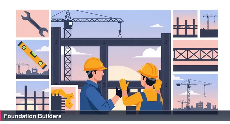 Construction foreman mentoring a young apprentice on a steel beam at dawn, representing foundational roles in Indonesia's 2026 tech startup hiring.