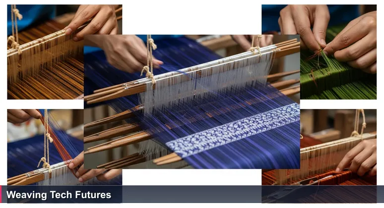 Close-up of a traditional Indonesian tenunan loom weaving vibrant threads into an intricate pattern, symbolizing the connection of women in tech communities.