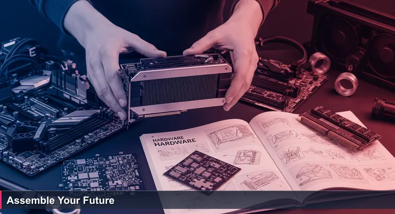 Hands holding a high-end GPU on a cluttered workbench with scattered computer parts, symbolizing the challenge of building an AI career in Malta.
