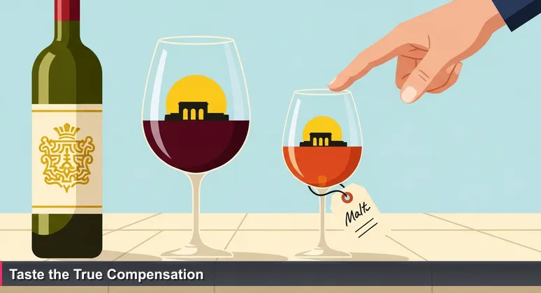 A hand hesitating between two wine glasses at a tasting, one with a modest label and one with a flashy label, reflecting Maltese bastions, symbolizing tech salary evaluation in Malta.