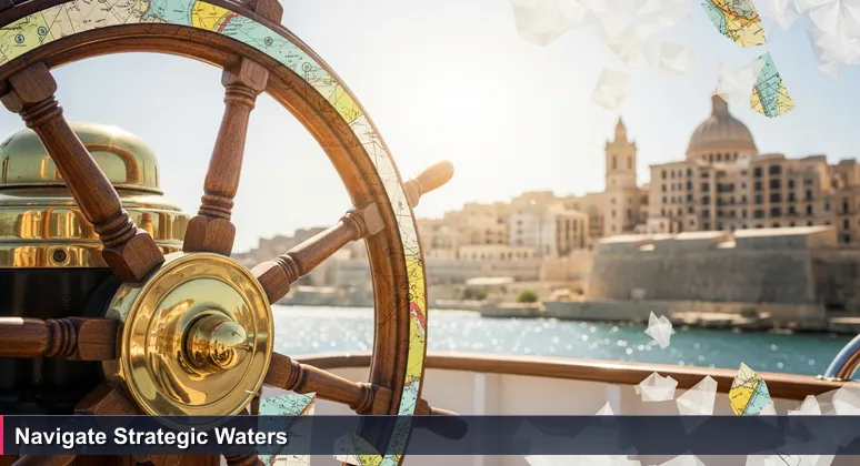 A ship's wheel on a yacht with Valletta's harbor in the background, symbolizing strategic career navigation in Malta's tech industry.