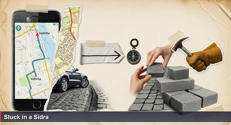 A cracked smartphone GPS shows a straight route to Valletta, with car wheels spinning helplessly in a narrow cobbled sidra alley.