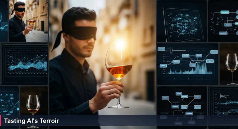 A blindfolded sommelier in a Valletta wine bar tasting wine, with a tablet displaying AI algorithms, symbolizing the evaluation of Malta's AI startups.