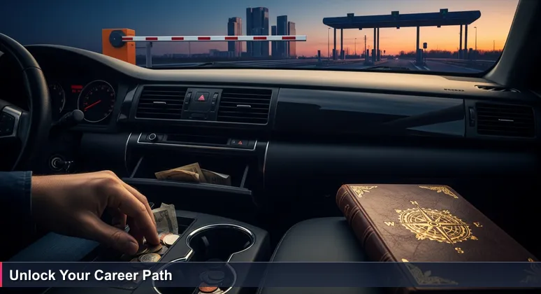 A hand searches for coins in a car glove box at a toll booth, with a modern Maltese cityscape in the background, symbolizing funding barriers and opportunities for tech careers.