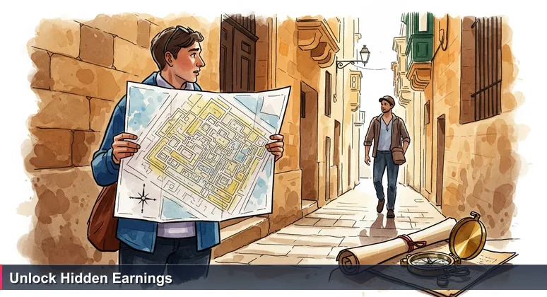 A tourist in Valletta holds a map, looking lost, while a local walks through a hidden passageway. Symbolizes insider knowledge for navigating AI salaries in Malta 2026.