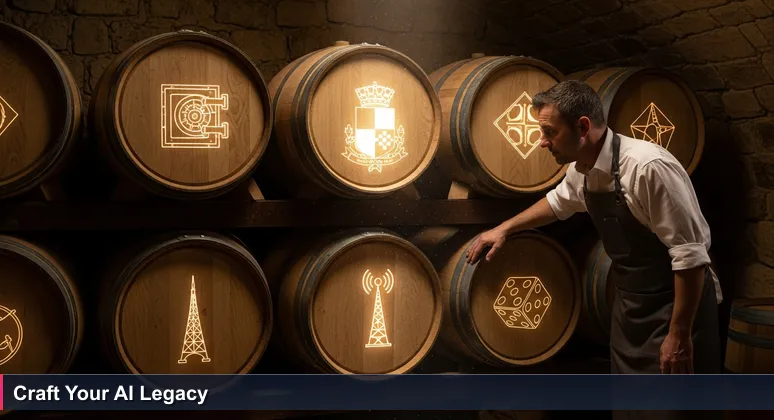 A master distiller in a historic Valletta cellar inspecting whiskey barrels marked with symbols representing Malta's top AI companies, such as dice for iGaming and a vault for banking.