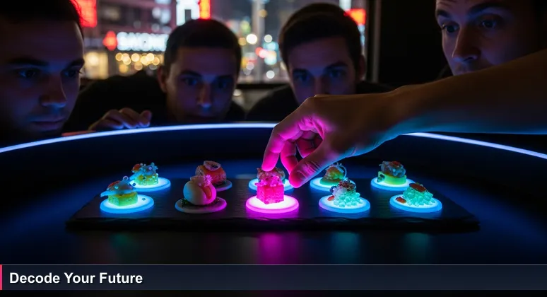 A hand hovering over a slate with ten numbered dishes on a fine dining table, representing the dilemma of choosing a tech bootcamp in Malta.