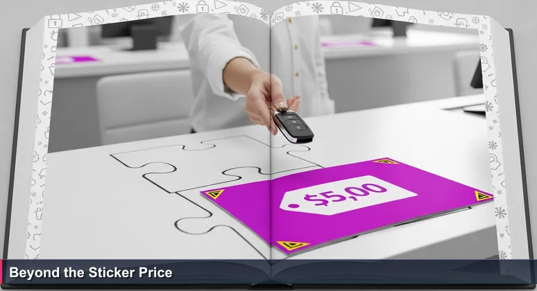 Hand holding a car rental key fob at a counter, with a brochure showing a low rate and blurry fine print signs for hidden fees in the background.