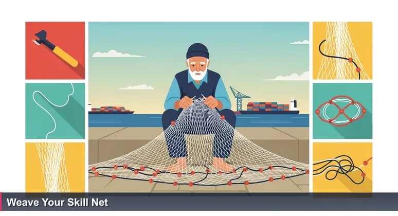 An old Maltese fisherman mending a fishing net on the seawall in Marsaxlokk at dawn, with modern container ships in the background, symbolizing skill-building for Malta's digital economy.