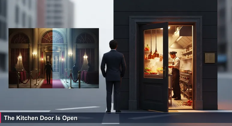 A person in Valletta hesitating between a formal restaurant entrance with a velvet rope and an open kitchen door with chefs working, symbolizing career choices in Malta's tech industry.
