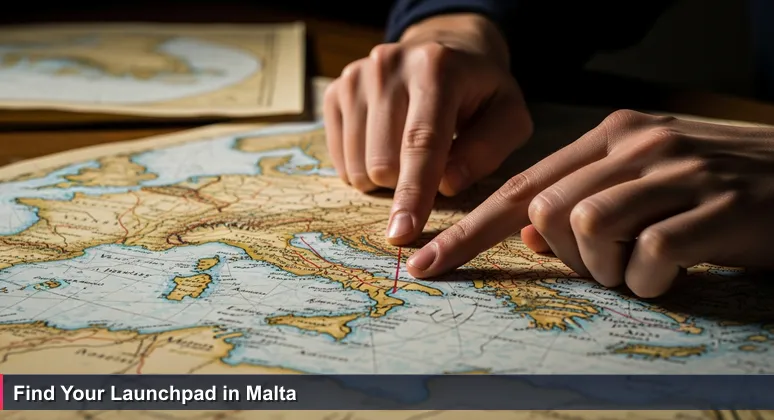 A young sailor's hands tracing a route on an ancient nautical chart focusing on Malta's coast, symbolizing career navigation for junior developers.