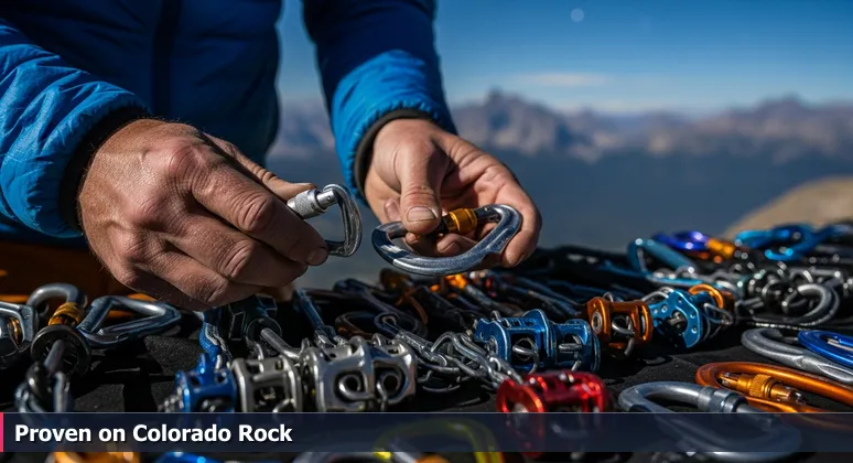 A mountain guide's hands sorting climbing gear against the Rocky Mountains, symbolizing the selection of resilient AI startups in Denver.