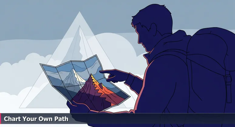A contemplative hiker at a Colorado mountain trailhead at dawn, holding a topographic map and pointing to a high peak while gazing at another ridge, symbolizing strategic career choices in tech.