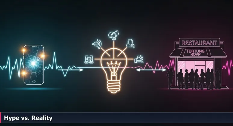 Cracked smartphone screen showing a 5-star Yelp review with a blurry line of people waiting outside a Denver restaurant, symbolizing tech hype vs. reality.