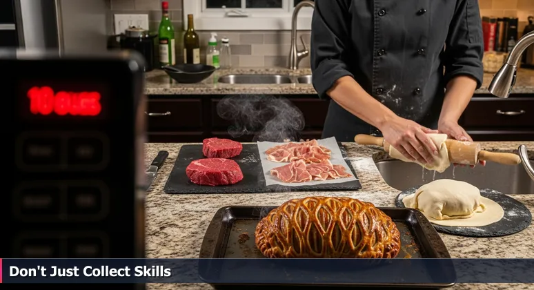 A frustrated person in a home kitchen holds a Beef Wellington recipe, with premium ingredients on the counter and a burnt dish in the oven, symbolizing the challenge of applying AI skills without local context.
