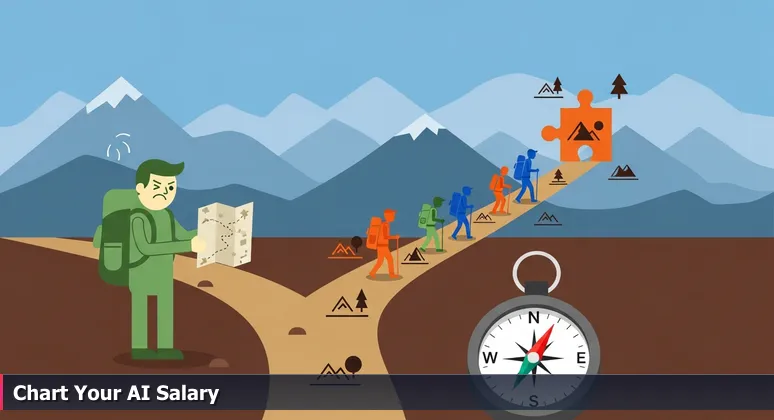 A hiker at a fork in a Rocky Mountain trail, puzzled by a faded map, while other hikers confidently follow a path marked with AI salary data and Denver tech landmarks.
