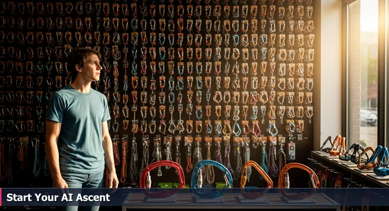 A climber in a Boulder gear shop facing a wall of climbing equipment, symbolizing the choice of AI bootcamps in Denver's competitive tech landscape.
