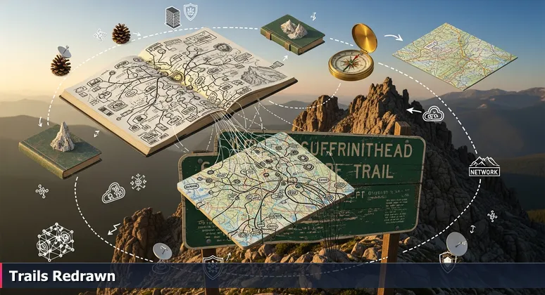 A trailhead sign in the Rocky Mountains with a cybersecurity career map overridden by hand-drawn paths labeled Cloud, AI Security, OT/SCADA, Zero Trust, and Cleared Work.