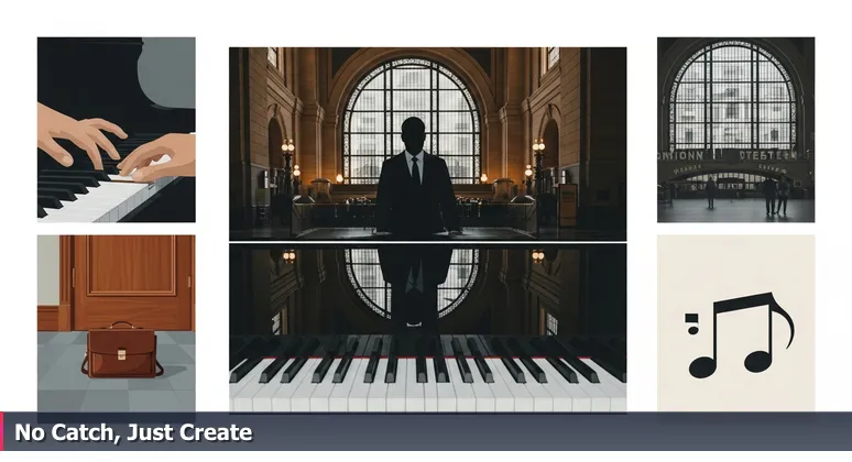 A person in Denver's Union Station hesitating to play a public grand piano, symbolizing the free access to tech training in libraries.