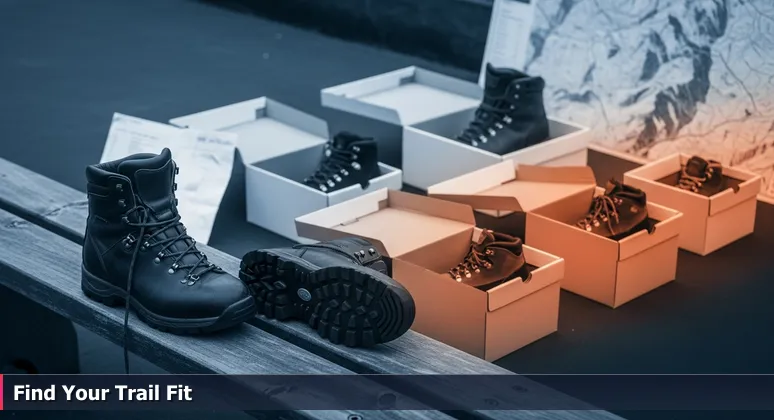 Close-up of hiking boots and boot boxes on a bench with a Top 10 list and Colorado Front Range trail map, symbolizing workspace selection for tech ventures in Denver.