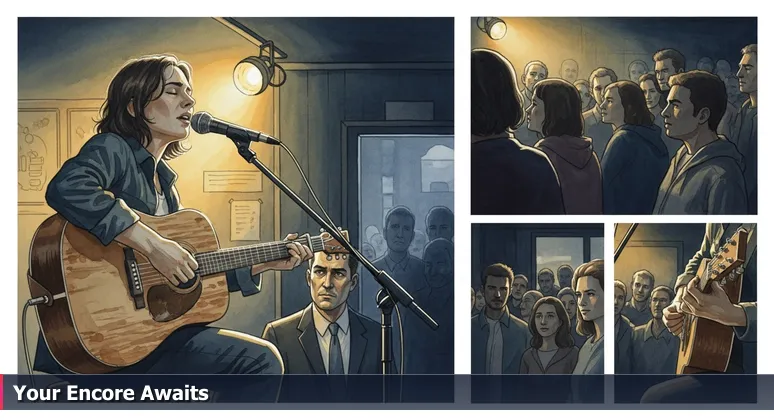 A performer on a small stage in a Denver bar under a spotlight, with a talent scout watching, symbolizing tech careers based on skills over degrees.