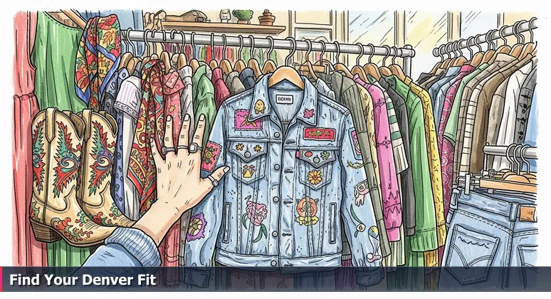 A close-up view of hands searching through a rack of vibrant clothing in a Denver thrift store, representing the hunt for the ideal tech startup job.