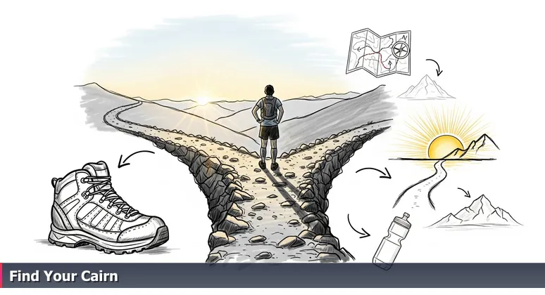 A female trail runner at dawn on a rocky Colorado mountain path, pausing at a fork with Denver's skyline in the distance, symbolizing career navigation for women in tech.