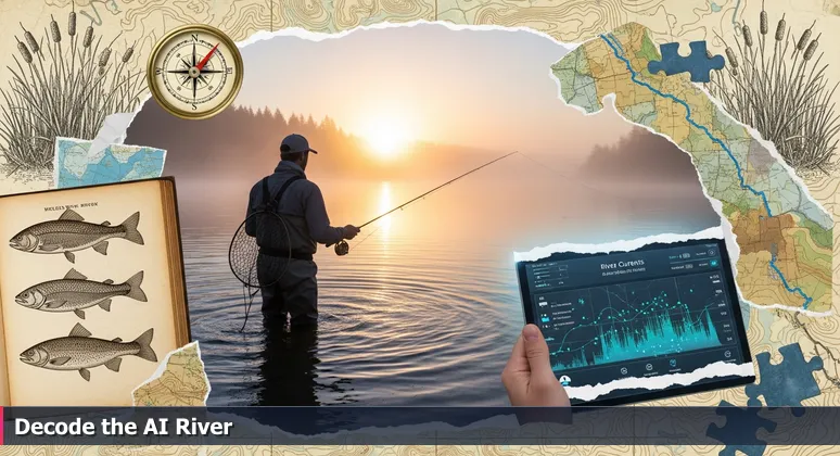 An angler on the Willamette River in Eugene, OR, analyzing data on a tablet to symbolize deep AI problem-solving for 2026 careers.