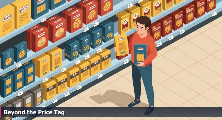 A tech professional in a Eugene grocery aisle, thoughtfully comparing price-per-ounce tags on pasta boxes to symbolize calculating true career value beyond base salary.