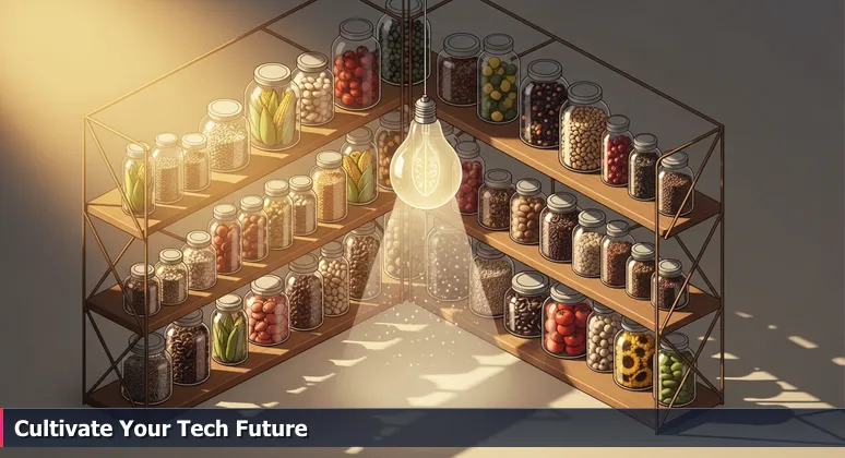 Close-up of hands arranging glass jars of heirloom seeds on a wooden shelf, symbolizing Eugene's cultivated tech ecosystem.