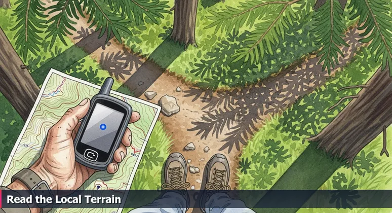 A hiker in an Oregon forest at a trail fork, using a GPS device to navigate, symbolizing the AI career path in Eugene with local challenges and opportunities.