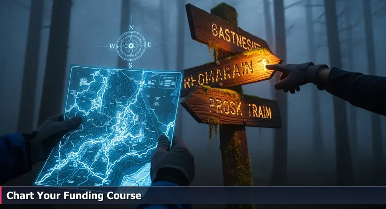 Close-up of hands with a map and pointing to a faded trail sign in a misty Oregon forest, representing navigating education funding for tech training.