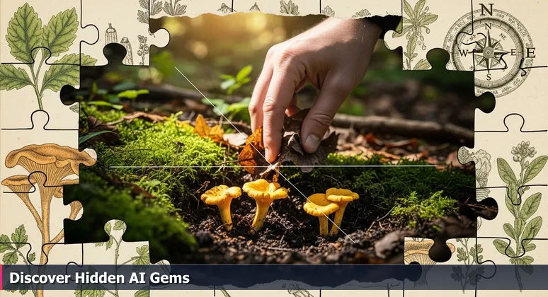 Close-up of a hand brushing aside leaves in Willamette National Forest to reveal chanterelle mushrooms, symbolizing hidden value in Eugene's AI salaries.