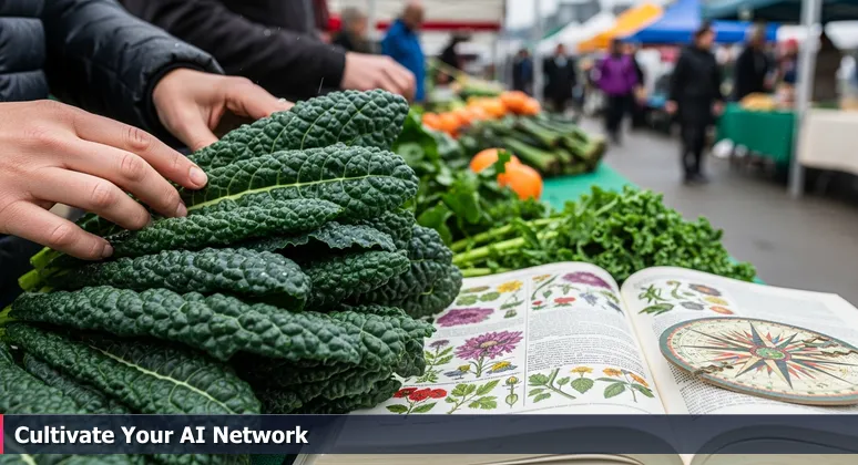 Close-up of hands at Eugene Saturday Market touching rain-dusted kale beside a sign reading 'Heirloom Varieties. Know Your Grower,' symbolizing authentic community connections in tech.