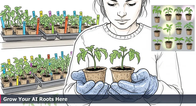 A gardener's hands in gloves holding two tomato seedlings, with a nursery shelf of plants in the background, symbolizing AI career choices in Eugene, OR.