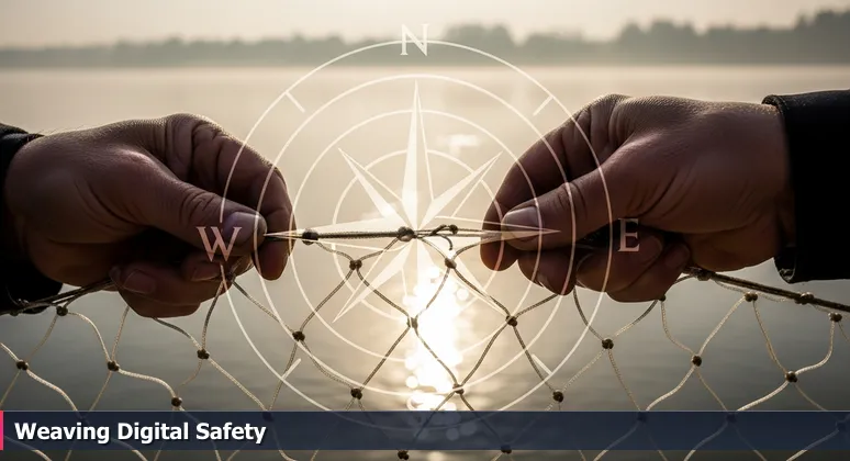 Close-up of weathered hands weaving a fishing net on the Willamette River at dawn, symbolizing the meticulous craft of cybersecurity in Eugene.