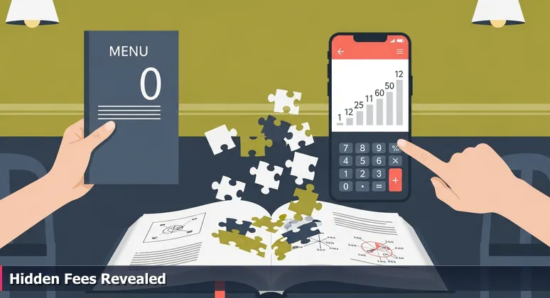 Hands holding a restaurant menu in Eugene's Whitaker District, with a calculator showing rising costs including healthcare, symbolizing the true expense of living on a tech salary.