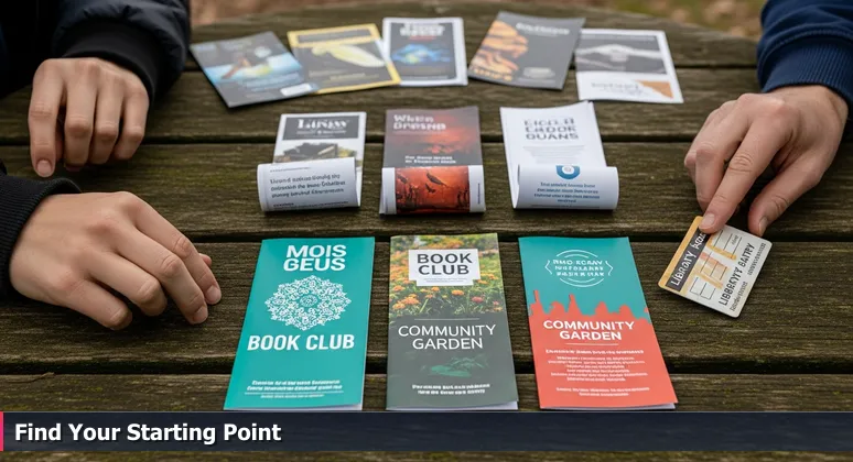 Hands hovering over a wooden community bulletin board with flyers in Eugene, Oregon, with a library card visible, symbolizing free tech training opportunities.