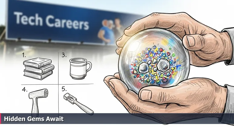 Weathered hands holding a vintage glass paperweight with embedded colored flecks at a Eugene yard sale, with a blurred tech careers billboard in the background.