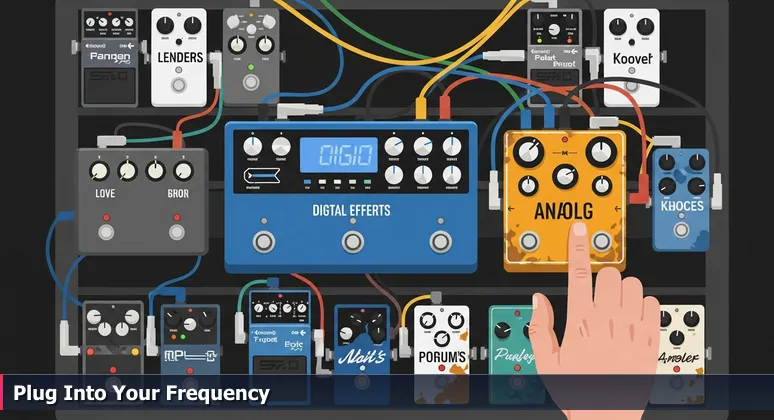 A musician's hand hovering over a pedalboard with digital and analog pedals, symbolizing the choice of tech coworking spaces in Eugene, OR for innovation.