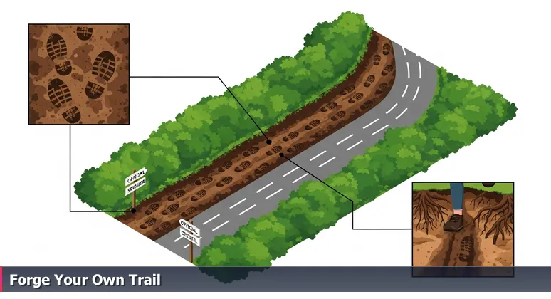 A close-up photo of a well-worn, muddy social trail cutting through underbrush next to the official paved path up Spencer Butte in Eugene, Oregon.