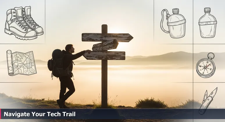 A hiker at a trailhead sign in the Willamette Valley, representing junior developers choosing between tech startup careers in Eugene, OR.