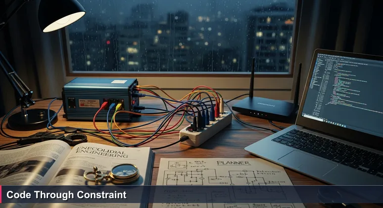 Close-up of improvised electrical wiring in a Beirut apartment powering a laptop with AI code on screen, symbolizing resilience in Lebanon's tech ecosystem