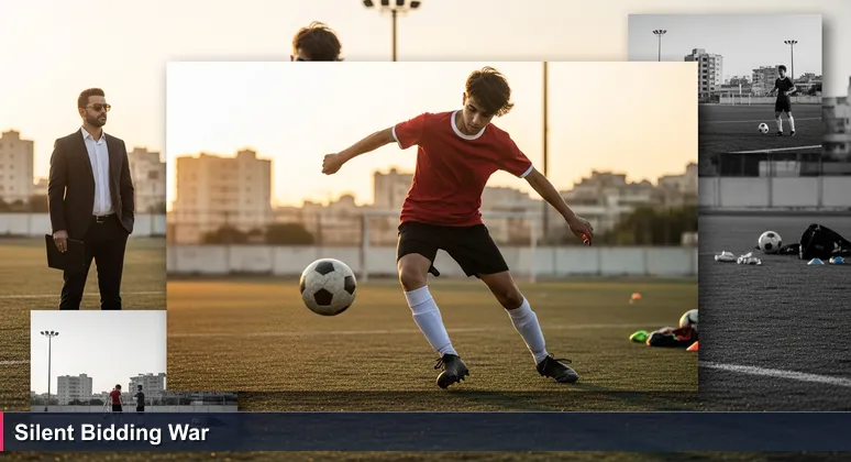 A young football player on a dusty pitch in Beirut, with an international scout watching from the sidelines, symbolizing Lebanon's tech talent bidding war in 2026.