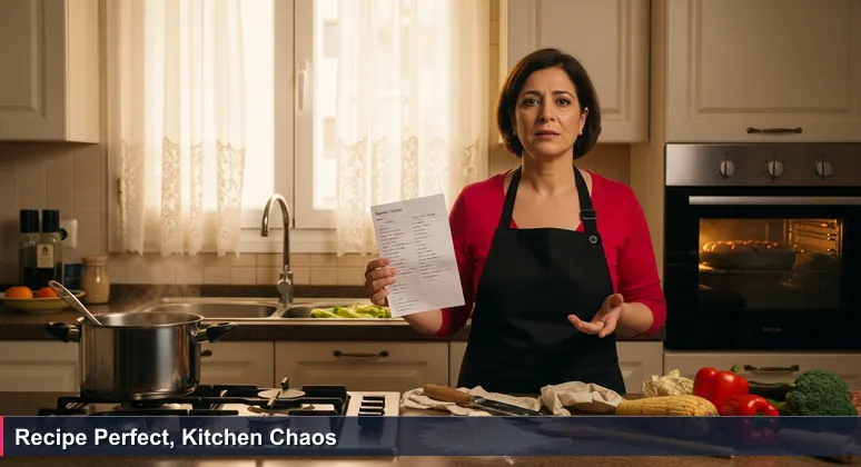 A frustrated individual in a Beirut kitchen standing between a neat AI recipe card and a chaotic cooking scene with burnt food, boiling pot, and scattered ingredients.