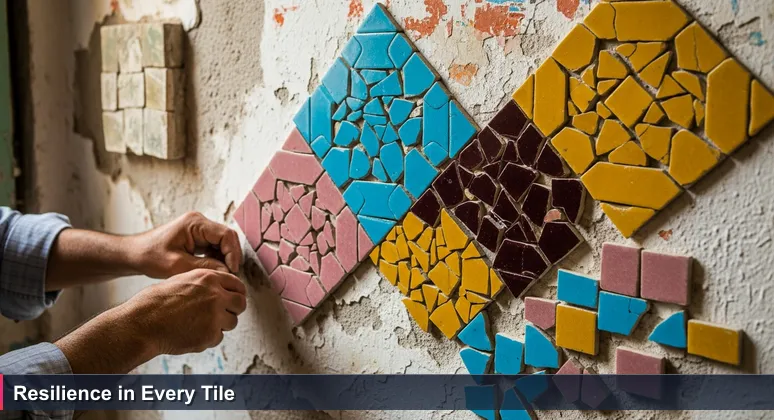 Close-up of a mosaicist's hands in Beirut assembling salvaged tiles into a geometric pattern, symbolizing Lebanon's AI startup resilience.