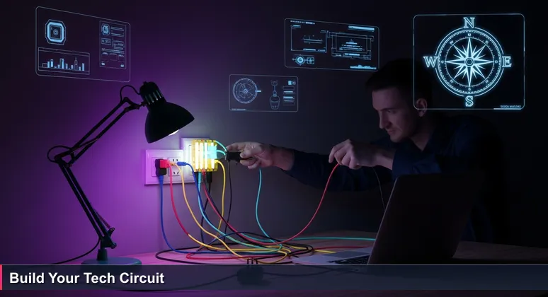 Hands connecting extension cords in a Beirut apartment to power a laptop and lamp, symbolizing resourceful funding for tech training.