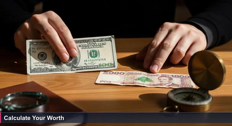 Close-up of hands holding a US dollar bill and a Lebanese pound note on a weathered wooden table in a Beirut café, symbolizing the valuation of AI salaries.