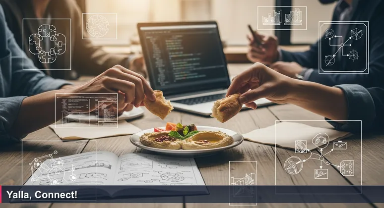 Close-up of hands sharing mezza at a Beirut cafe table, with blurred background of tech discussions and laptops, representing AI meetup networking in Lebanon.